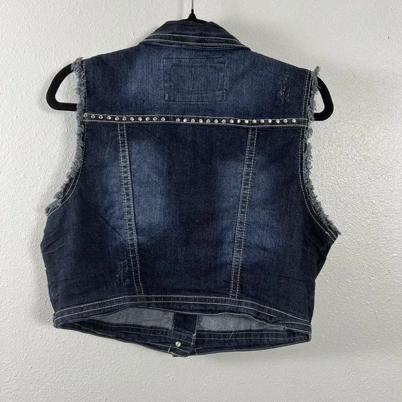 Wallflower Women's XL Dark Wash Studded Denim Vest Frayed Cropped Blue Jacket XL - Picture 5 of 11